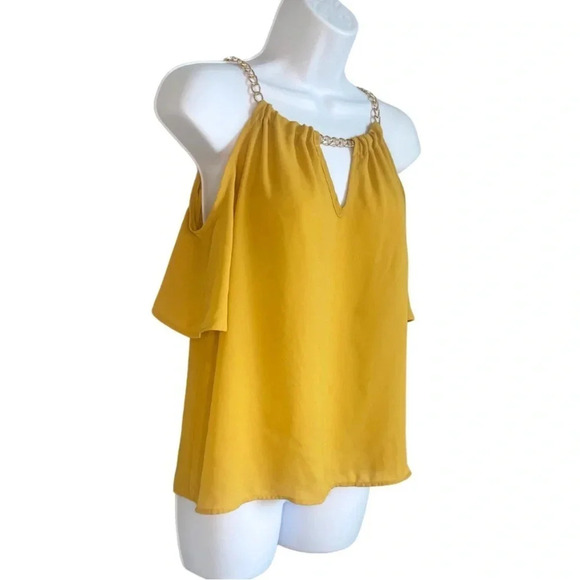 Charmed by Eve Women's Mustard Yellow Cold Shoulder Chain Detail Blouse Size M - Picture 4 of 6